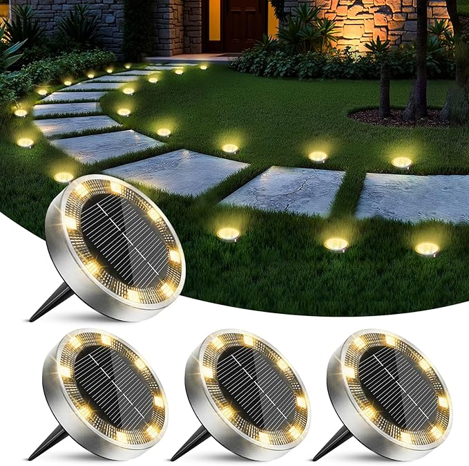 4 Pack Solar Ground Lights Outdoor, 8 LED Mini Flat Solar Disk Lights, IP65 Waterproof Anti-Rust Disc Light, Landscape Lighting for Garden Pathway Yard Walkway Driveway Lawn,Warm White