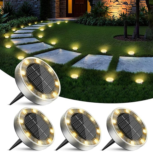 4 Pack Solar Ground Lights Outdoor, 8 LED Mini Flat Solar Disk Lights, IP65 Waterproof Anti-Rust Disc Light, Landscape Lighting for Garden Pathway Yard Walkway Driveway Lawn,Warm White