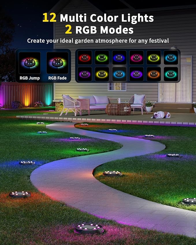 Solar Ground Lights with Remote Control 50ft,IP67 Waterproof Solar Garden 15 Multi Color Lights,RGBYW Solar Powered Outdoor Landscape Lighting for Pathway,Yard,Deck,Lawn,Patio,Walkway,Poolside,20 Pack