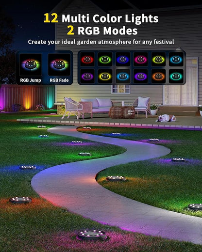 Solar Ground Lights with Remote Control 50ft,IP67 Waterproof Solar Garden 15 Multi Color Lights,RGBYW Solar Powered Outdoor Landscape Lighting for Pathway,Yard,Deck,Lawn,Patio,Walkway,Poolside,20 Pack