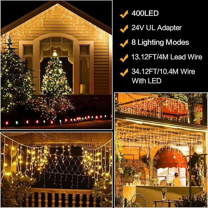 400 LED Christmas Twinkle Lights, 33ft Waterproof for Porch