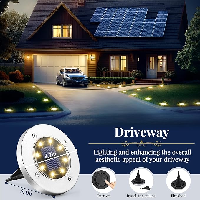 Solar Flat Disk Lights 12-Pack, Waterproof Walkway