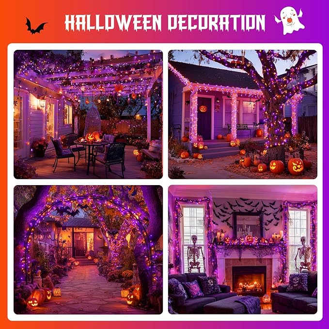 JMEXSUSS Orange and Purple Halloween Lights Battery Operated, Each 33 FT Indoor Halloween Lights Outdoor Waterproof, 2 Pack 100 LED Christmas Light for Christmas Tree Decor