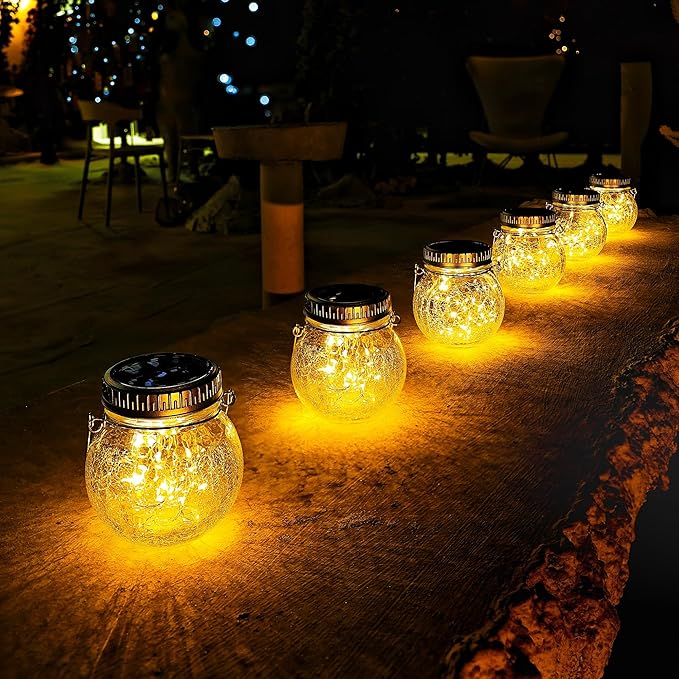 Cooo Crackle Glass Solar Lantern with 30 LED Firefly Lights– Landscape Lighting Path Lights, Anti-Rust Lids Decorative Lighting for Garden Patio Table (Hanging Crackle Lantern, 12)
