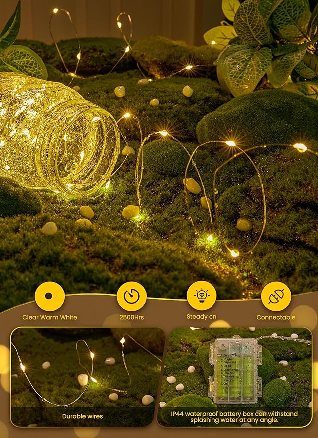 Fairy Lights Battery Operated, 33FT 100LED Waterproof Lights Long Lasting Silver Wire Starry Fairy String Lights for Bedroom, Dorm, Christmas, Tree, Wedding, Mason Jar, Holiday Decor