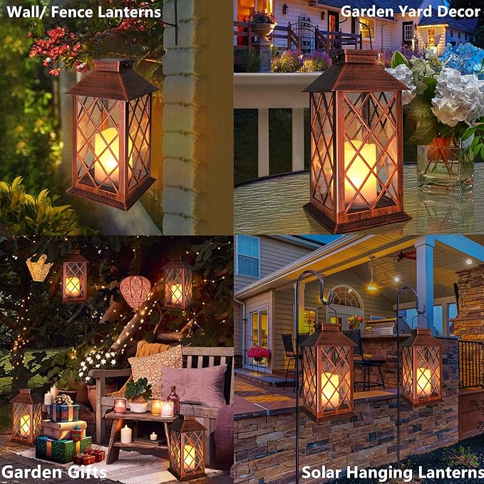 [2 Pack] TAKE ME 14" Solar Lantern Outdoor Garden Hanging Lantern Waterproof LED Flickering Flameless Candle Mission Lights for Table,Outdoor,Christmas Gifts Mom Wife
