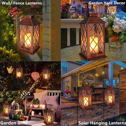 [2 Pack] TAKE ME 14" Solar Lantern Outdoor Garden Hanging Lantern Waterproof LED Flickering Flameless Candle Mission Lights for Table,Outdoor,Christmas Gifts Mom Wife