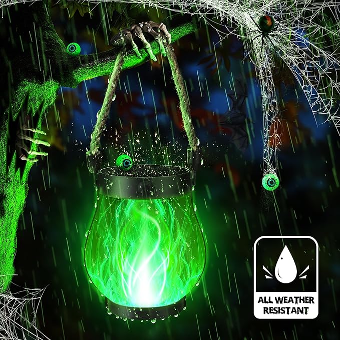 Solar Flame Lantern Hanging Outdoor Waterproof - 2 Pack Flame Lanterns with Dual Charging Modes of Solar & USB for Garden or Yard Decorations (Green - 2 Pack)
