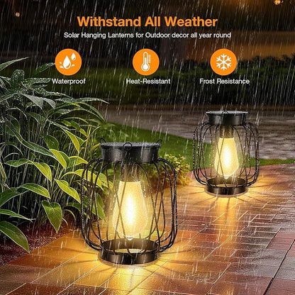 Solar Lanterns Outdoor 4 Pack, Metal Solar Hanging Lanterns with Hook - Outdoor Hanging Lantern Lights Waterproof, Bright Warm Lantern Decor for Outside Garden Yard Patio Pathway