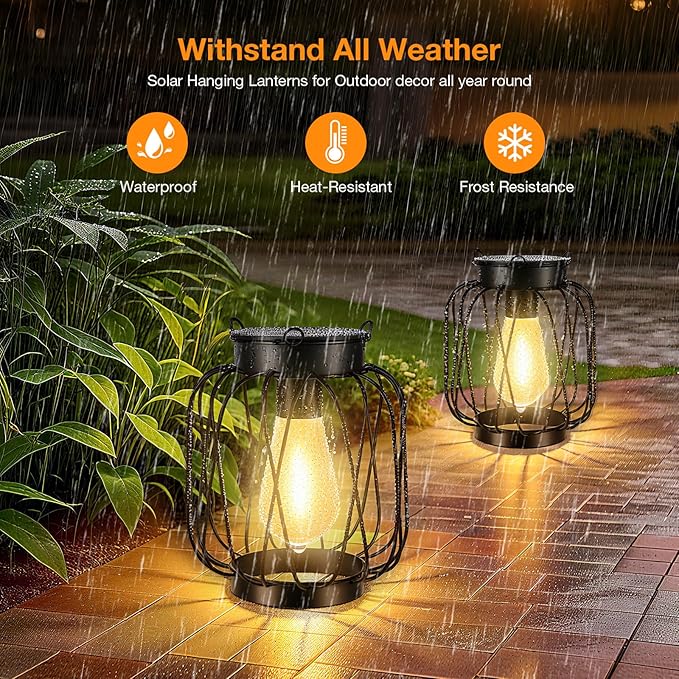 Solar Lanterns Outdoor 2 Pack, Metal Solar Hanging Lanterns with Hook - Outdoor Hanging Lantern Lights Waterproof, Bright Warm Lantern Decor for Outside Garden Yard Patio Pathway