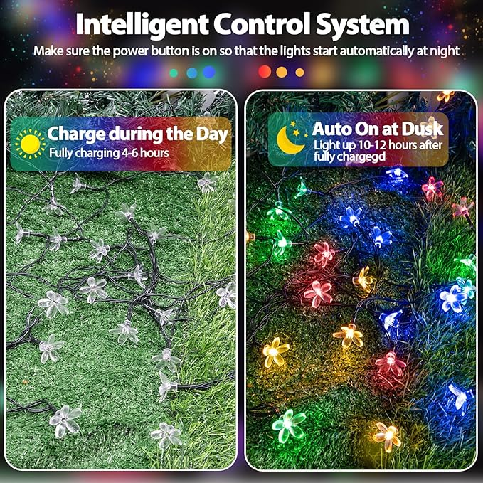 2PK 80LED 50FT Flower Solar String Lights Outdoor Waterproof, Cherry Blossoms Multicolor Lights with 8 Lighting Modes, Garden Decor for Outside, Pathway Light for Fence, Patio, Yard