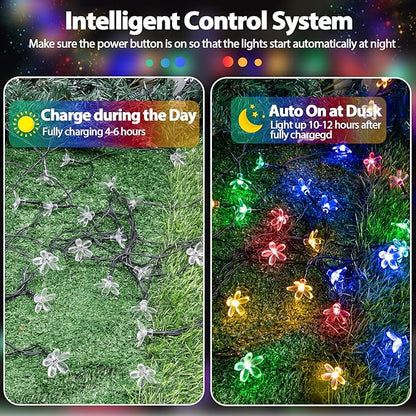 2PK 80LED 50FT Flower Solar String Lights Outdoor Waterproof, Cherry Blossoms Multicolor Lights with 8 Lighting Modes, Garden Decor for Outside, Pathway Light for Fence, Patio, Yard