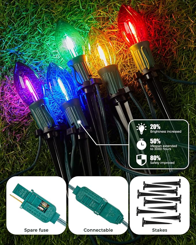 2-Pack C9 Christmas Lights Outdoor, 51.4ft 40 Bulb Pathway Lights with Stakes, Multicolor