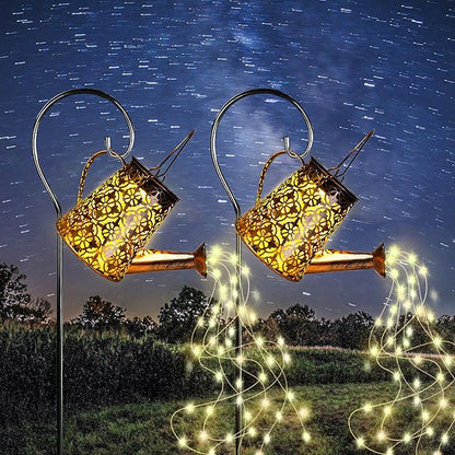 Solar Garden Watering Can Lights with Cascading Lights, 2 Pack Outdoor Hanging Lanterns for Garden Decor,Fairy Gardening Gifts for Mom Birthday, Perfect for Patio Yard Pathway