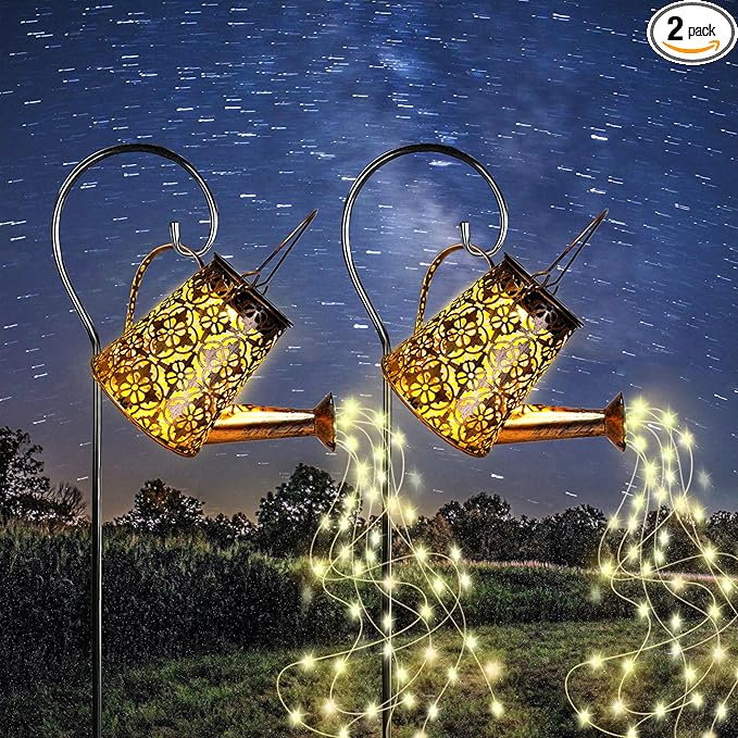 Solar Garden Watering Can Lights with Cascading Lights, 2 Pack Outdoor Hanging Lanterns for Garden Decor,Fairy Gardening Gifts for Mom Birthday, Perfect for Patio Yard Pathway