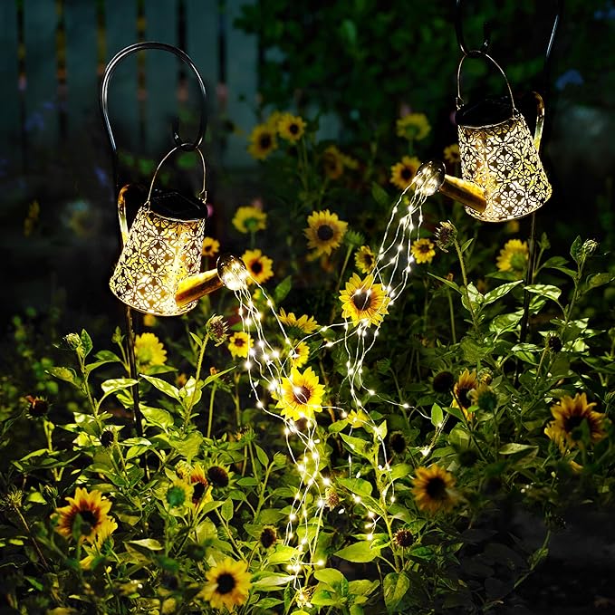 Solar Garden Watering Can Lights with Cascading Lights, 2 Pack Outdoor Hanging Lanterns for Garden Decor,Fairy Gardening Gifts for Mom Birthday, Perfect for Patio Yard Pathway