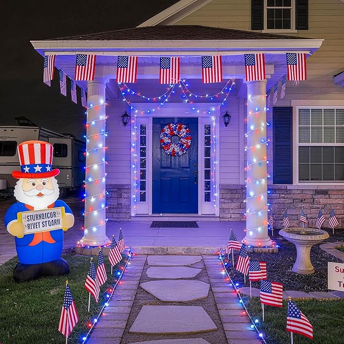 JMEXSUSS 33ft 100 LED Red White and Blue Lights Outdoor, 4th of July Lights Battery Operated with Remote, 8 Modes Patriotic Decorations for Indoor Outside Independence Day American Flag Holiday