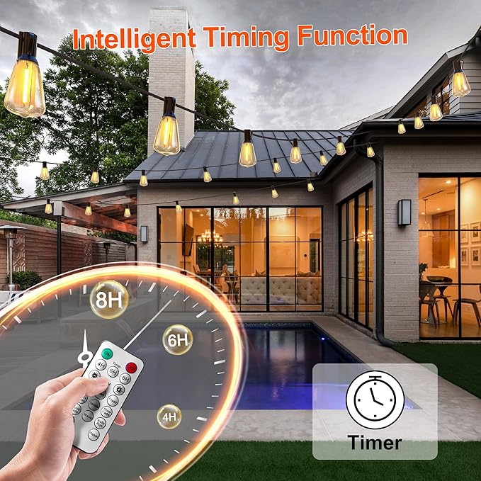 100FT Solar String Lights Outdoor Waterproof with Remote Control Solar Patio Lights 30+2 shatterproof LED ST38 Bulbs for Porch Garden Market Bistro Patio Backyard Fence