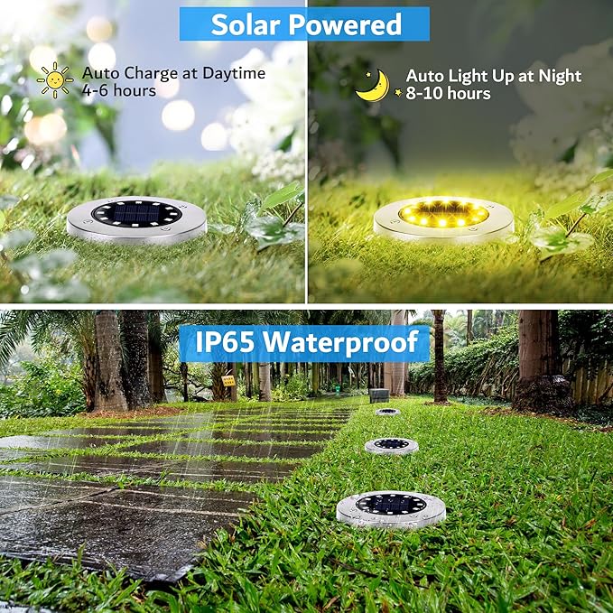12-Pack Warm White In-Ground Solar Lights, Flat LED Garden