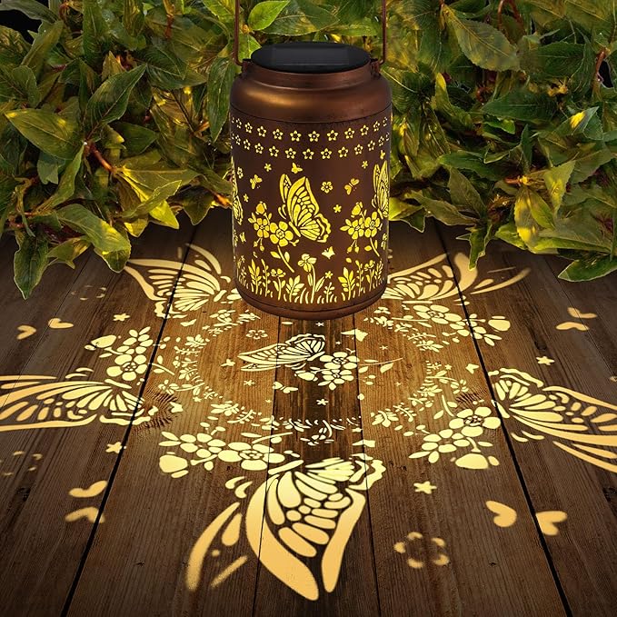 2 Packs Butterfly Solar Lanterns Outdoor Waterproof, Birthday Gifts for Women Mom Grandma, Metal Hanging Solar Lights Outside Decorations for Garden Patio Porch Backyard Garden Decor