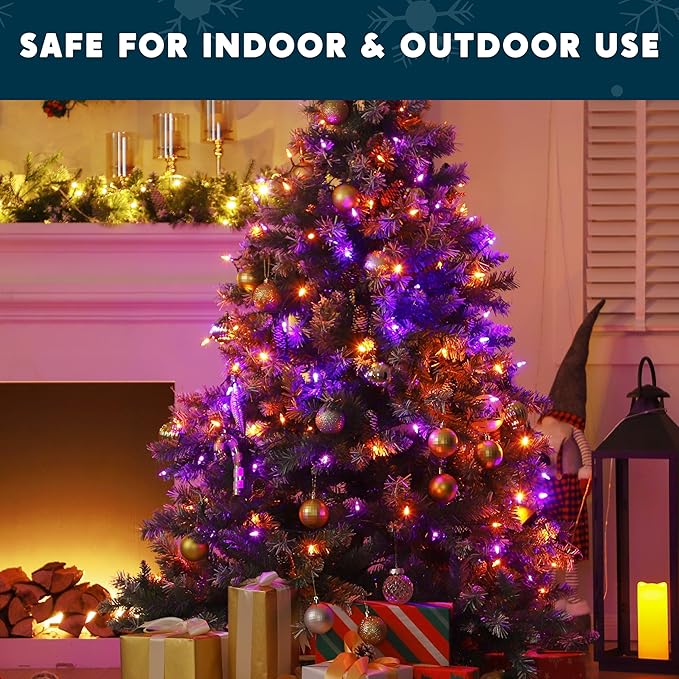 Joiedomi 16.3FT Orange&Purple Halloween Lights,2×50 Count Battery Operated Christmas String Tree Fairy LED Lights with 8 Modes,Multifunction Green Wire with Timer for Xmas Decor Party Holiday