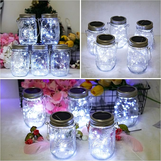 SmilingTown Solar Mason Jar Lights 10 Pack 20 LED Waterproof Outdoor Fairy Firefly String Light Lids with 10 Hangers Rust Resist for Patio Lawn Garden Wedding Lantern Decor No Jars (Cool White)