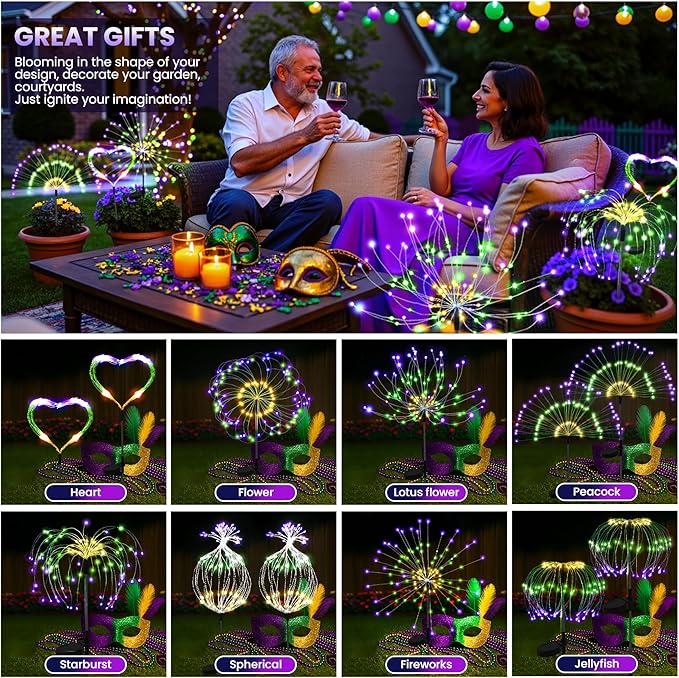 Mardi Gras Solar Lights Outdoor, 4 Pack Solar Garden Lights Outside Fairy Firework Decorative,Solar Powered for Mardi Gras,Yard Pathway Party Balcony Patio Decor (Purple, Green, Yellow)