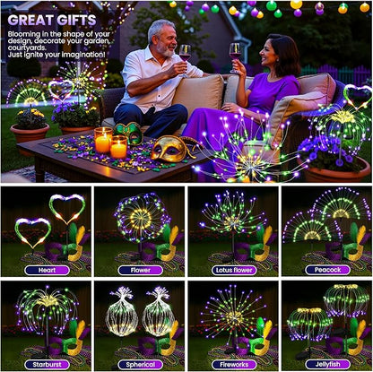 6 Pack Mardi Gras Solar Lights Outdoor, Solar Garden Lights Outside Fairy Firework Decorative,Solar Powered for Mardi Gras,Yard Pathway Party Balcony Patio Decor (Purple, Green, Yellow)