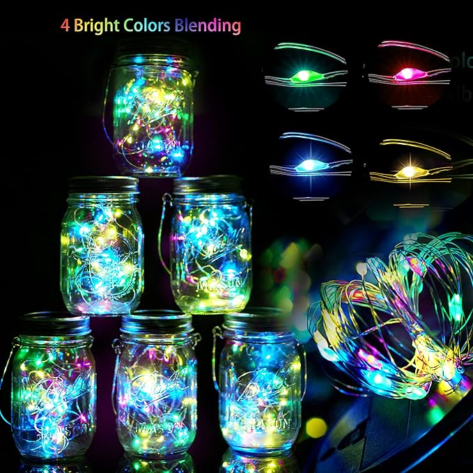 SmilingTown 30 LED 12 Pack Mason Jar Solar Lights Outdoor Colorful Solar Mason Jar Lid String Fairy Lights Hanging Lights for Patio Yard Garden Wedding Decorations[No Jar+12 Hangers]