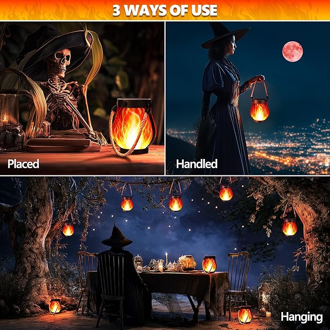 Solar Flame Lantern Hanging Outdoor Waterproof - 2 Pack Flame Lanterns with Dual Charging Modes of Solar & USB for Garden or Yard Decorations (Red - 2 Pack)