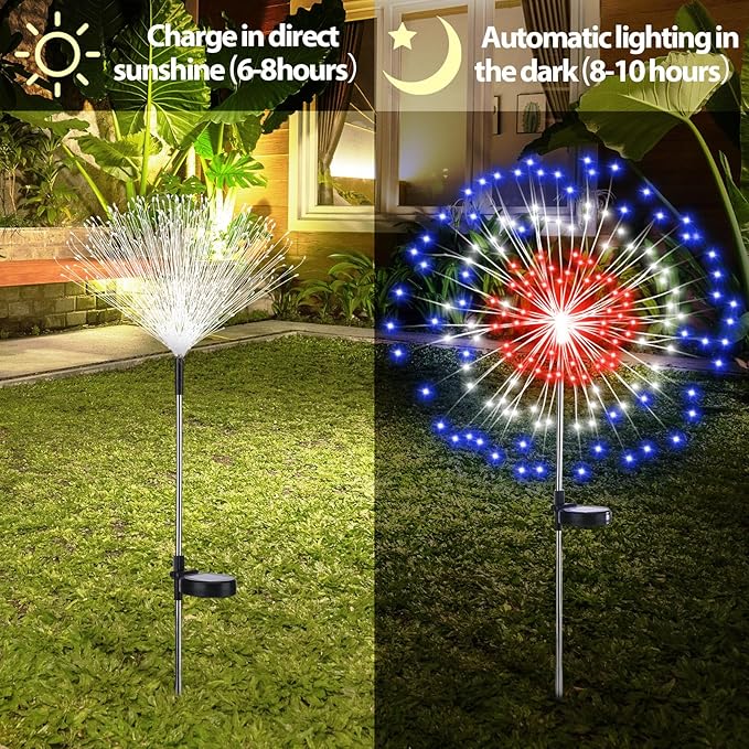 8 Pcs 4th of July Solar Firework Stake Lights 180 LED 8 Modes Solar Waterproof LED Sparkler Lights Outdoor Patriotic Decoration for Garden Patio Yard Pathway Walkway Lawn (Red White Blue)