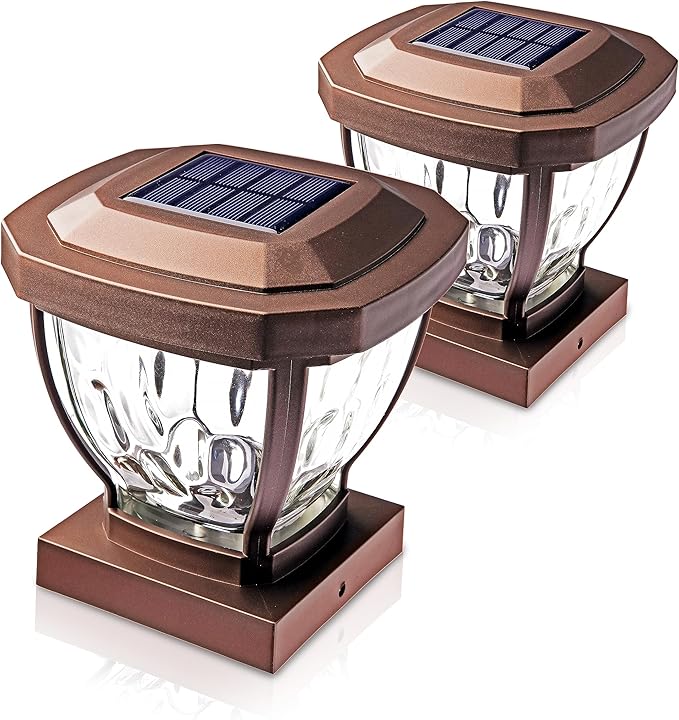 Home Zone Security Solar Post Cap Lights - Decorative Glass LED Outdoor 4x4 (3.5 x 3.5 in.) Post Lights, Bronze (2-Pack)