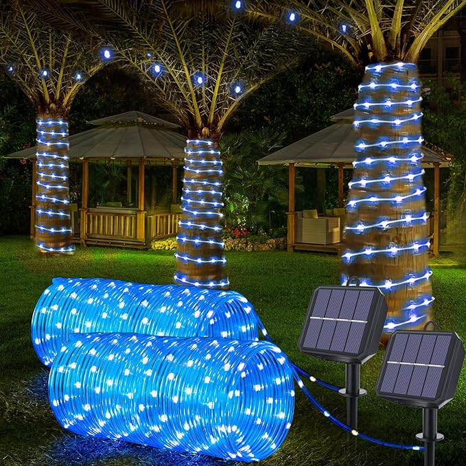 Solar Rope Lights, 2 Packs Total 66ft 200LED Solar String Lights, 8 Modes Waterproof Solar Powered Outdoor Light, Flexible Clear Tube Light for Garden Backyard Patio Deck Porch Tree Xmas Decor - Blue