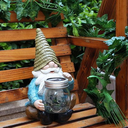 Solar Firefly Jar Gnome Waterproof - Large Garden Gnome Funny Solar Outdoor LED Lights Resin Statues 10.6" Lantern Figurines Decorations Birthday Housewarming Gifts for Mom Women