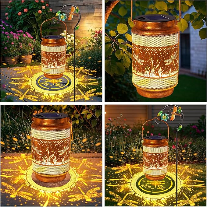 2 Pack Dragonfly Solar Lanterns Outdoor Waterproof Solar Garden Decor, Birthday Gifts for Women Mom Grandma, Metal Hanging Lights with Shepherd Hook for Outside Yard Patio Pathway Porch
