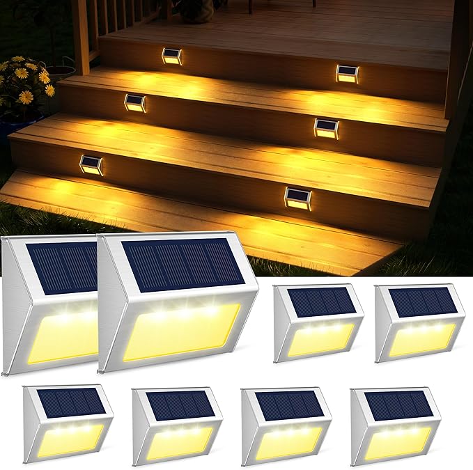 JSOT Solar Lights Outdoor for Deck,Waterproof Solar Powered Steps Light Outdoor Wireless LED Lamp Fence Lighting Walkway Patio Stair Garden Path Rail Backyard Fences Post 8 Pack Warm White