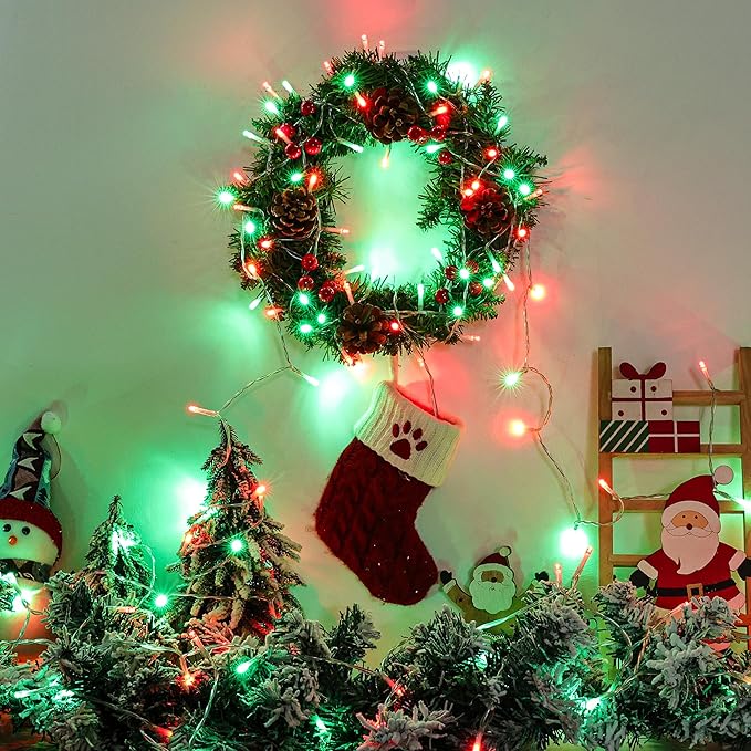 Lomotech Battery Operated Christmas Lights - 4 Pack Total 66ft 200LEDs String Lights 8 Modes Waterproof with Timer for Home, Garden, Party, Holiday, Tree Decoration (Clear Wire, Red & Green)