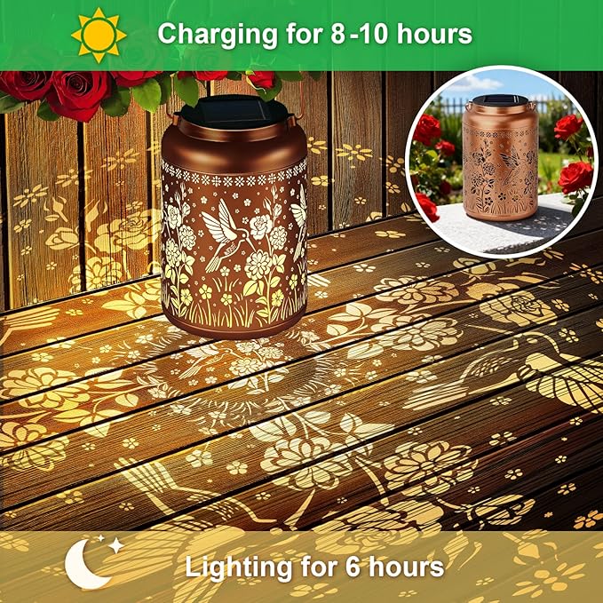 Birthday Gifts for Women Mom Grandma Solar Lantern Outdoor Waterproof, Gardening Gifts for Women, Hummingbird Rose Garden Decor Hanging Solar Lights Yard Decorations Outdoor, Backyard, Patio