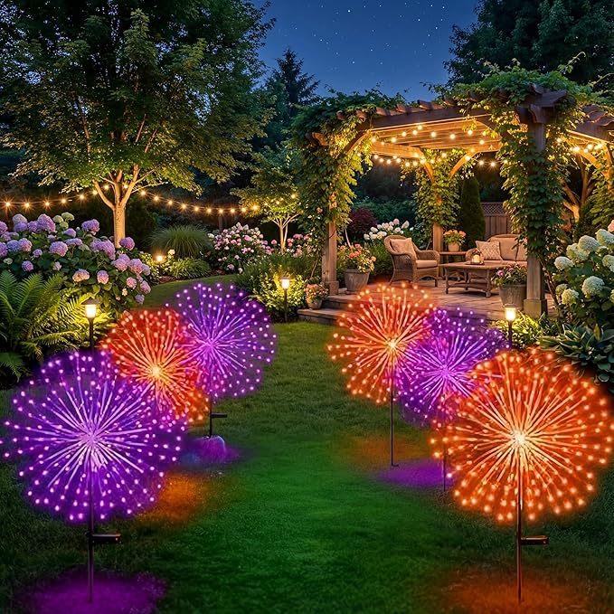 6 Pcs Christmas Solar Firework Stake Lights 180 LED 8 Modes Solar Waterproof LED Sparkler Lights Outdoor Decoration for Christmas Holiday Garden Patio Yard Pathway Walkway, Orange, Purple