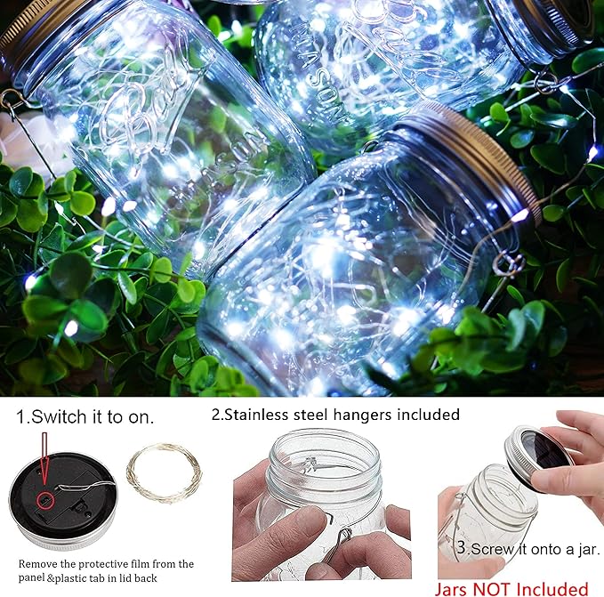 30 LED 12 Packs Solar Lights for Mason Jars（No Jar） Lids String Fairy Lights Solar Lantern Hanging Lights for Patio Yard Garden Wedding Decor Cool White