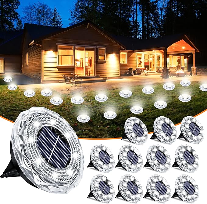 12-Pack Solar Ground Disk Lights, White Waterproof LED