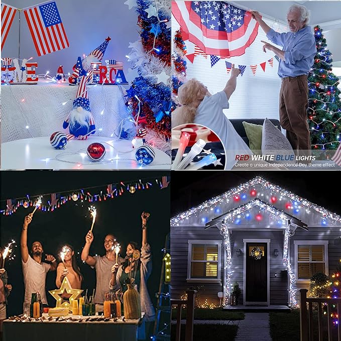 Hopolon Red White and Blue Lights Clear Wire, 33 FT 100 LED 4th of July Decorations String Lights Plug in, Waterproof Christmas Light for Independence Day Patriotic Memorial Day,100 LED,Red White Blue