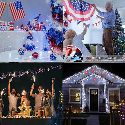 Hopolon Red White and Blue Lights Clear Wire, 33 FT 100 LED 4th of July Decorations String Lights Plug in, Waterproof Christmas Light for Independence Day Patriotic Memorial Day,100 LED,Red White Blue