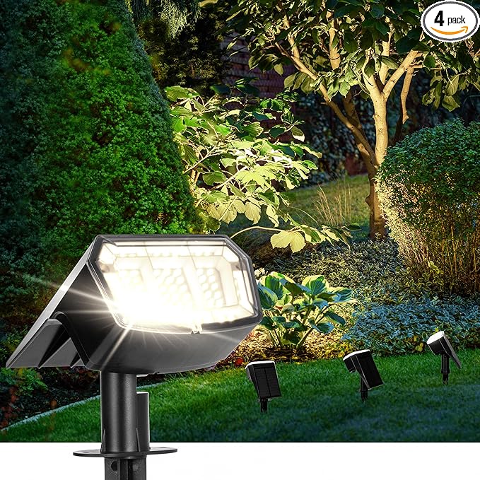 Solar Spot Lights Outdoor 63 LED 3 Lighting,Waterproof IP65 Modes Spotlights for Outside House Yard Garden Landscape Lights 4 Pack (Natural Light)
