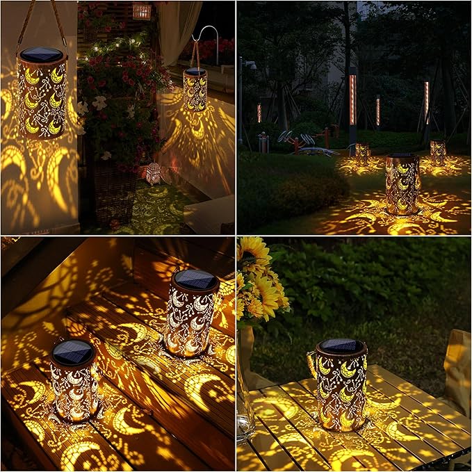 Toodour Solar Lantern Outdoor, Hanging Solar Outdoor Lights Garden Decor, Waterproof Hollow Out Retro Metal Moon Decorative Lights for Patio, Balcony, Yard, Walkway, Landscape, Outdoor Decor