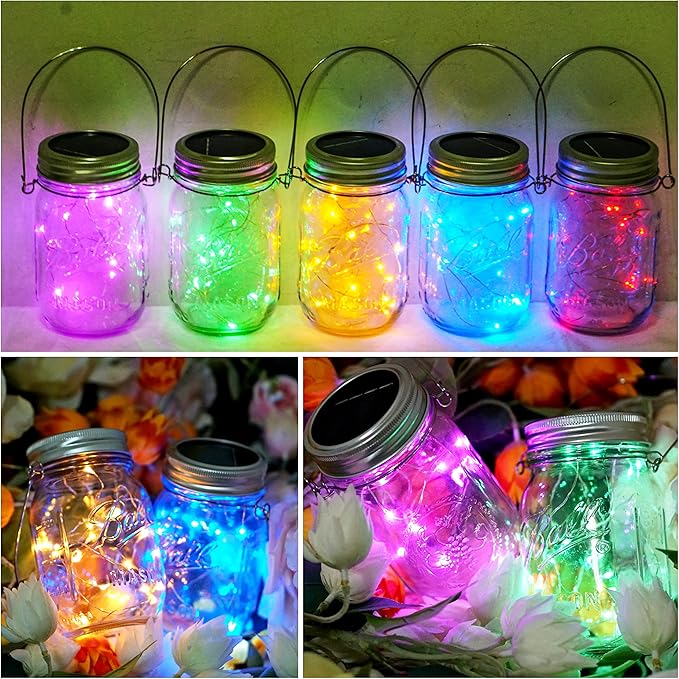 SmilingTown Solar Mason Jar Lights 10 Pack 20 LED Waterproof Outdoor Fairy String Light Insert Lids with Hangers for Patio Lawn Garden Wedding Decor No Jars (Red, Blue, Green, Purple,Yellow)