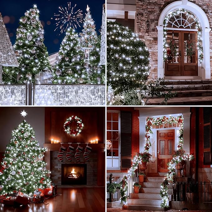 4 Pack Battery Operated Christmas Tree Lights,16.5 Ft String Lights with Auto Timer 8 Modes, 50 LED Wreath String Lights for Indoor Outdoor Xmas Tree Party Decor (Cool White)
