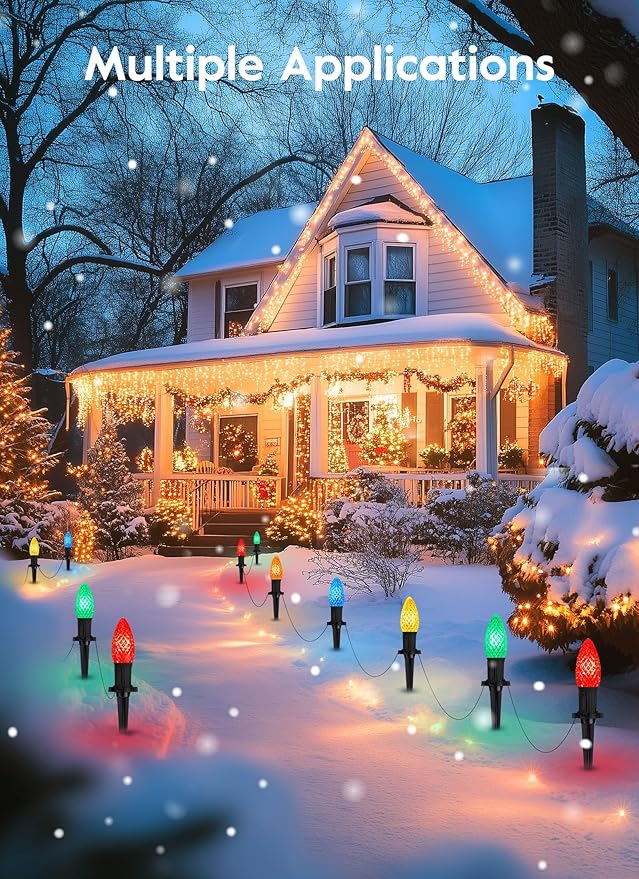Brightown Solar C9 LED Christmas Lights - 50Ft, 40 Faceted Bulbs, Waterproof Multicolor Pathway Light for Outdoor House Decorations