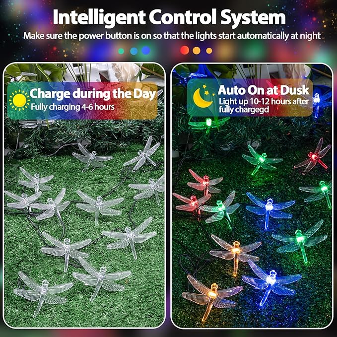 OZS 2PK 40LED 50FT Dragonfly Solar Lights Outdoor Waterproof, Multicolor Solar Fairy Lights with 8 Lighting Modes, Garden Decor for Outside, Pathway Lights for Fence, Patio, Yard