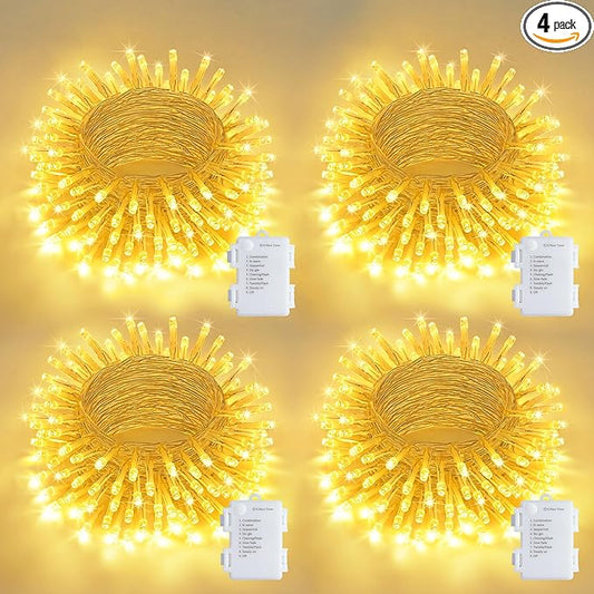 JMEXSUSS 4 Pack 50 LED Battery Operated String Lights Warm White, Each 16.5ft Battery Outdoor Lights with Timer Waterproof, 8 Modes Christmas String Light Indoor for Bedroom Classroom Xmas Decor